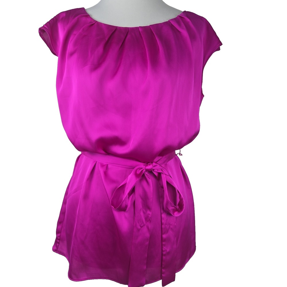 WORTHINGTON Fushia Satin Cap Sleeve Belted Blouse Tunic Top Large L